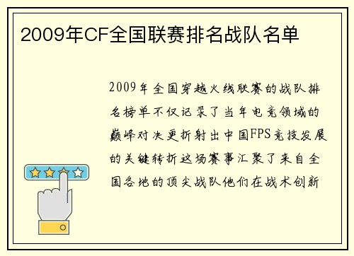 2009年CF全国联赛排名战队名单